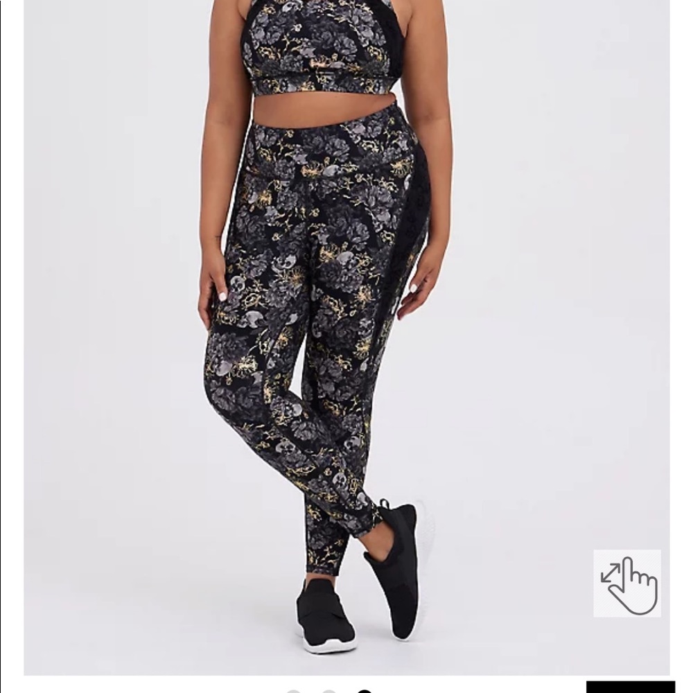 Torrid Active Full Length Lace Inset Legging - Floral Skull Black Grey Gold 2